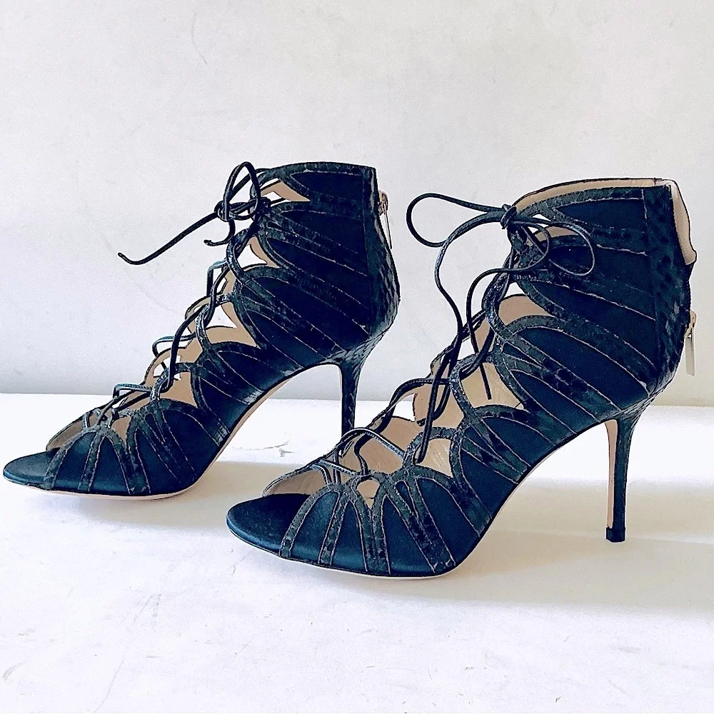 Jimmy Choo black and navy python trimmed heels 37.5